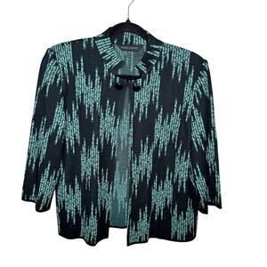 MING WANG / black teal blue abstract printed cropped lady jacket / M PETITE